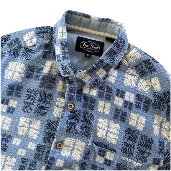Nat Nast Men's Medium Luxury Originals Silk Cotton Short Sleeve Blue Cruise Geo - Picture 1 of 7